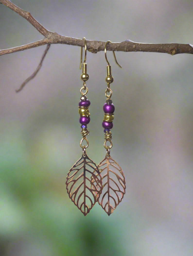 beaded gold & purple leaf earrings