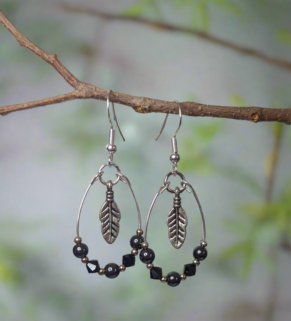 black beaded feather Tear Drop Earrings